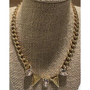 17” Gold Tone Flag  Thick Chain Necklace Pink Rhinestones  TOMTOM Statement